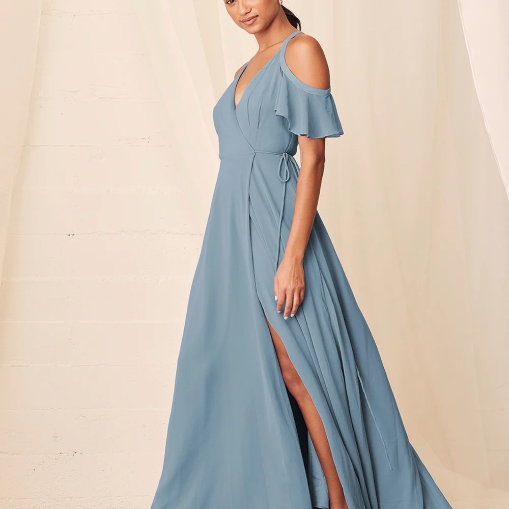 Easy Listening Slate Blue Cold-Shoulder Wrap Maxi Dress